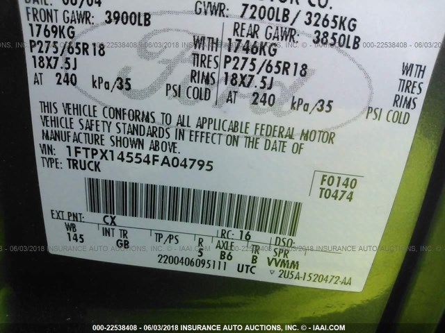 1FTPX14554FA04795 - 2004 FORD F150 GRAY photo 9