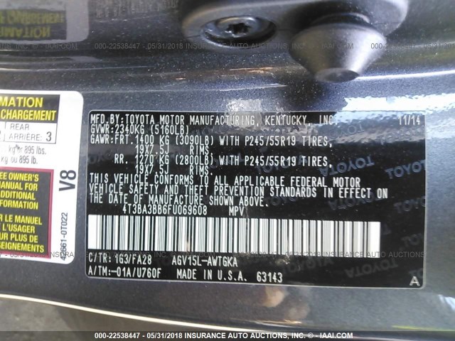 4T3BA3BB6FU069608 - 2015 TOYOTA VENZA LE/XLE GRAY photo 9