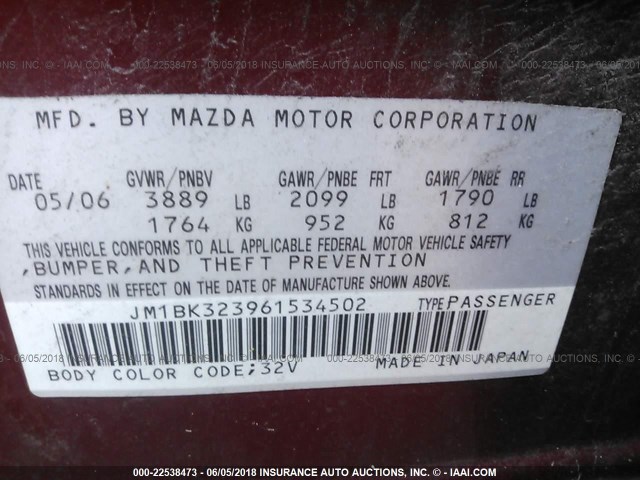 JM1BK323961534502 - 2006 MAZDA 3 S BURGUNDY photo 9