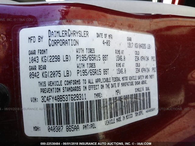 3C4FY48B53T629311 - 2003 CHRYSLER PT CRUISER CLASSIC 红色 照片 9