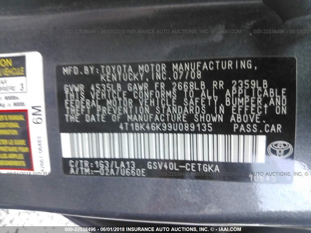 4T1BK46K99U089135 - 2009 TOYOTA CAMRY SE/LE/XLE 灰色 照片 9