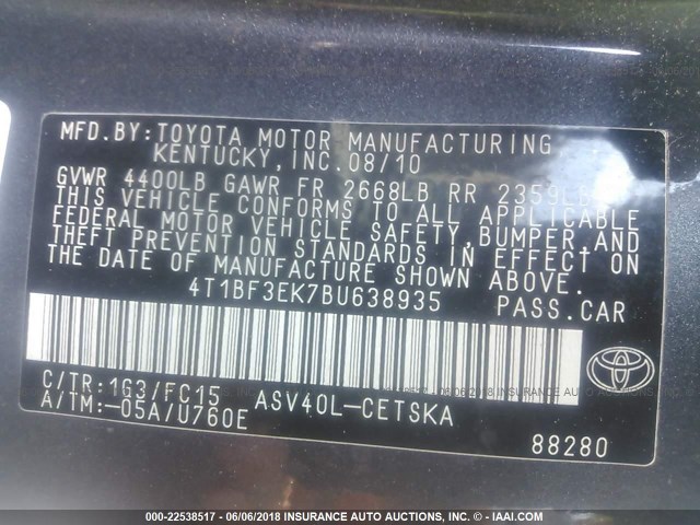 4T1BF3EK7BU638935 - 2011 TOYOTA CAMRY SE/LE/XLE 灰色 照片 9