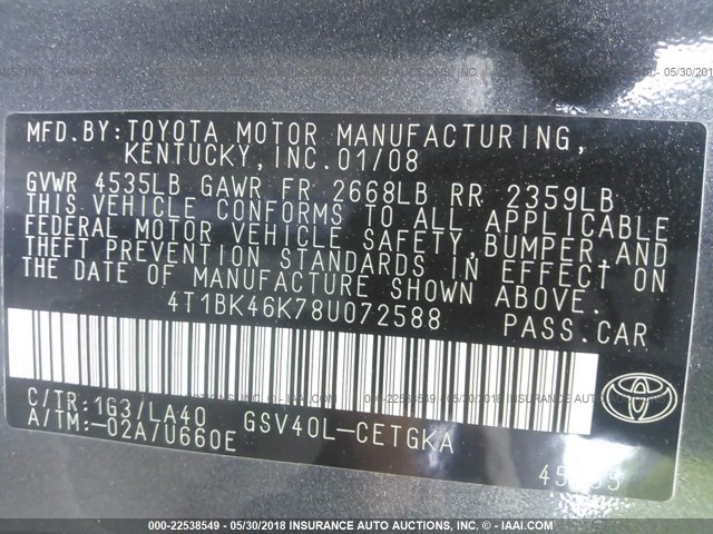 4T1BK46K78U072588 - 2008 TOYOTA CAMRY LE/XLE/SE 灰色 照片 9