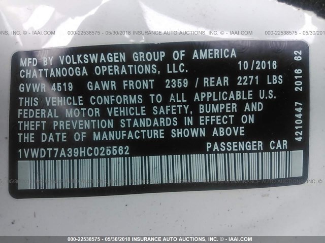 1VWDT7A39HC025562 - 2017 VOLKSWAGEN PASSAT R-LINE Ağ foto 9