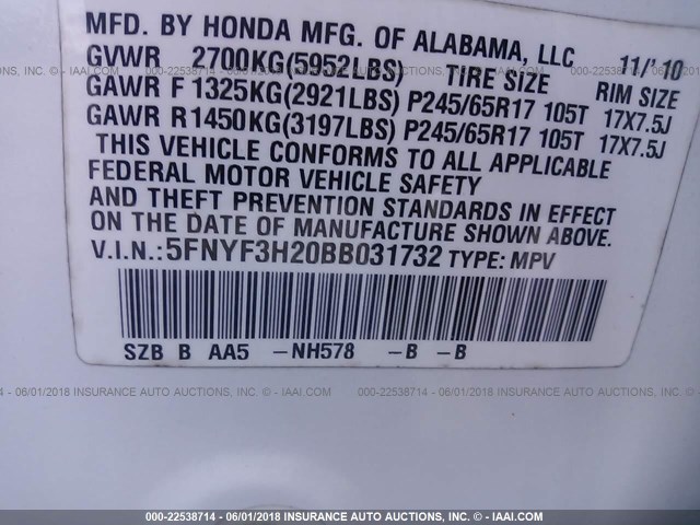 5FNYF3H20BB031732 - 2011 HONDA PILOT LX WHITE photo 9