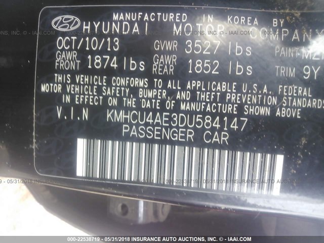 KMHCU4AE3DU584147 - 2013 HYUNDAI ACCENT GLS/SE BLACK photo 9