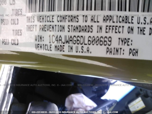 1C4AJWAG6DL600669 - 2013 JEEP WRANGLER SPORT GREEN photo 9