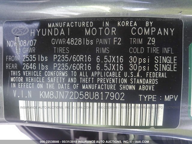 KM8JN72D58U817902 - 2008 HYUNDAI TUCSON SE/LIMITED GRAY photo 9