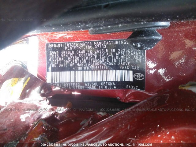 4T1BF1FK7DU661475 - 2013 TOYOTA CAMRY L/SE/LE/XLE RED photo 9