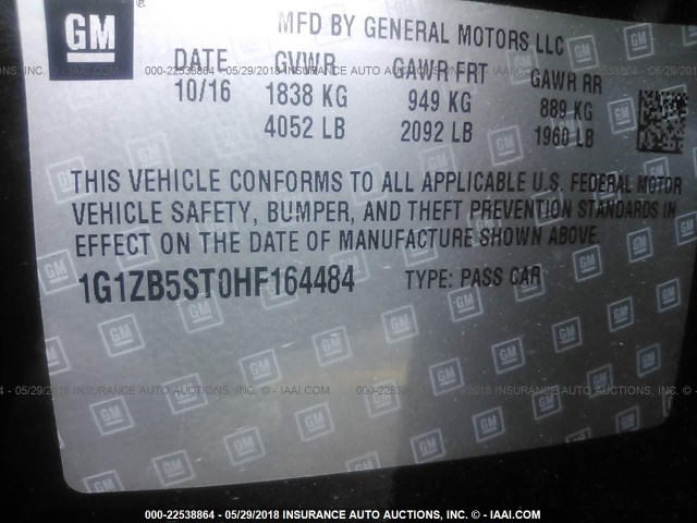 1G1ZB5ST0HF164484 - 2017 CHEVROLET MALIBU LS შავი ფოტო 9