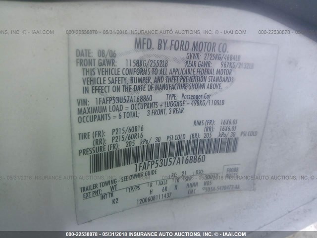 1FAFP53U57A168860 - 2007 FORD TAURUS SE WHITE photo 9