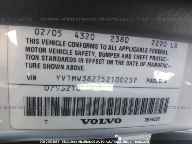 YV1MW382752100237 - 2005 VOLVO V50 2.4I SILVER photo 9