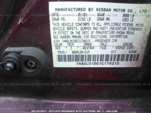 1N4DL01D01C174215 - 2001 NISSAN ALTIMA XE/GXE/SE BURGUNDY photo 9