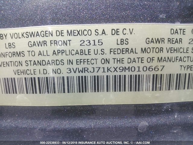 3VWRJ71KX9M010667 - 2009 VOLKSWAGEN JETTA WOLFSBURG 灰色 照片 9