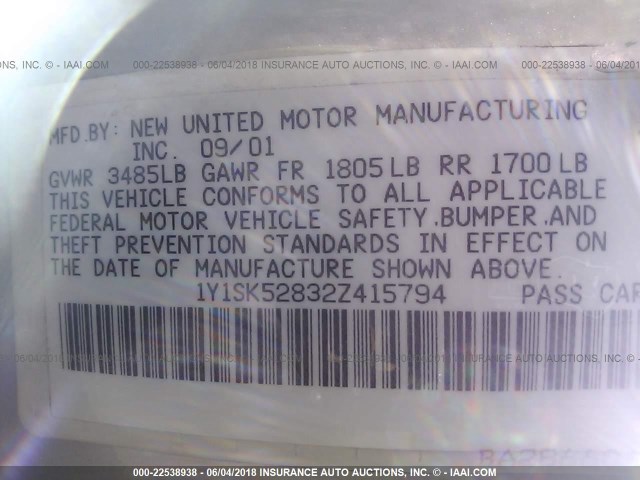 1Y1SK52832Z415794 - 2002 CHEVROLET GEO PRIZM LSI 金色 照片 9