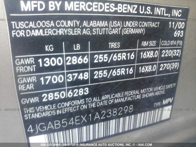 4JGAB54EX1A238298 - 2001 MERCEDES-BENZ ML 320 GOLD photo 9