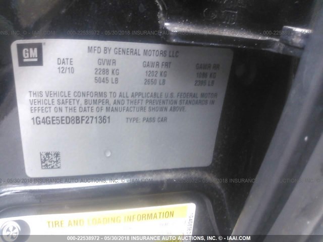 1G4GE5ED8BF271361 - 2011 BUICK LACROSSE CXS BLACK photo 9