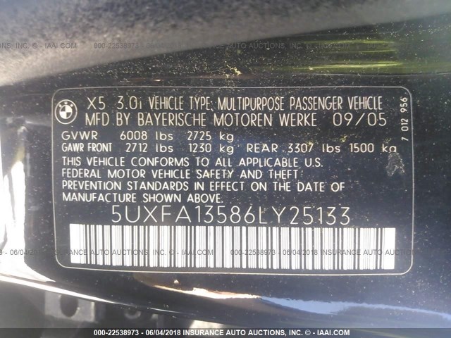 5UXFA13586LY25133 - 2006 BMW X5 3.0I BLACK photo 9