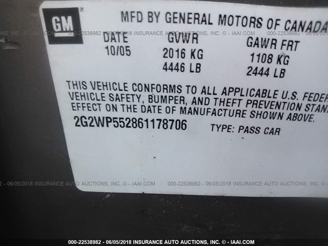 2G2WP552861178706 - 2006 PONTIAC GRAND PRIX BROWN photo 9