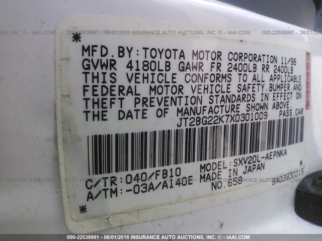 JT2BG22K7X0301009 - 1999 TOYOTA CAMRY LE/XLE WHITE photo 9