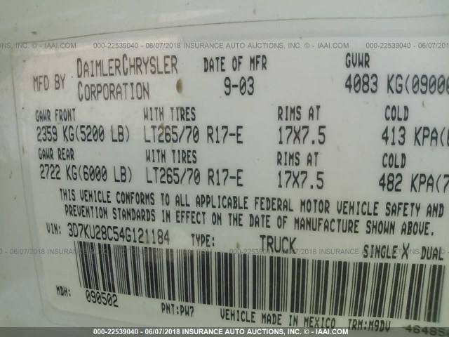 3D7KU28C54G121184 - 2004 DODGE RAM 2500 ST/SLT 白色 照片 9