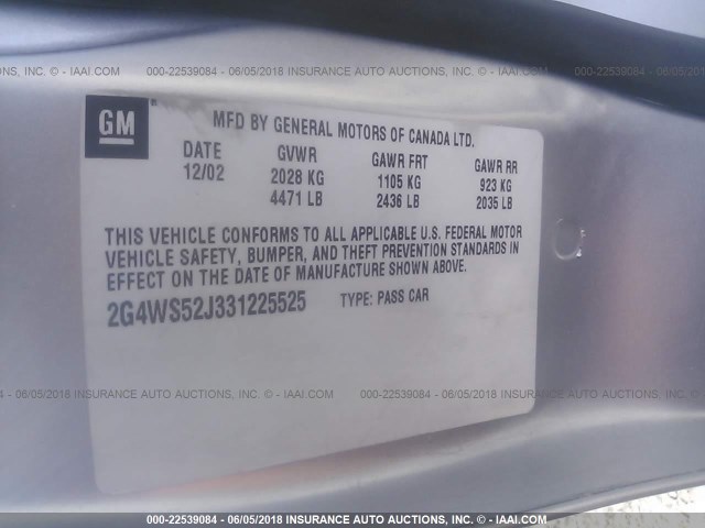 2G4WS52J331225525 - 2003 BUICK CENTURY CUSTOM SILVER photo 9