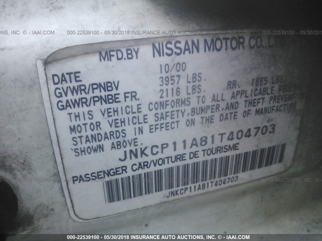 JNKCP11A81T404703 - 2001 INFINITI G20 WHITE photo 9