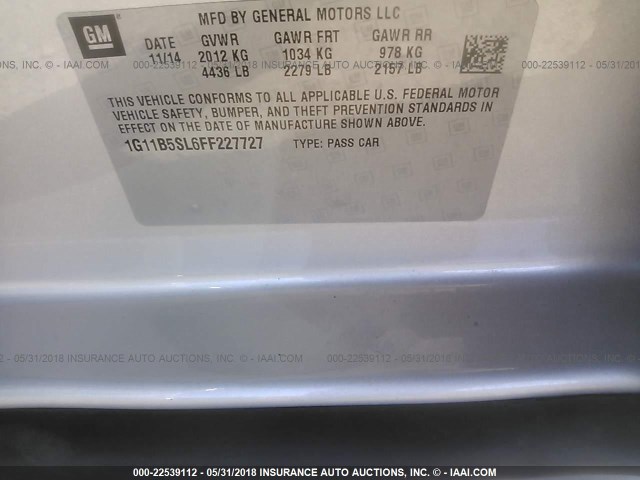 1G11B5SL6FF227727 - 2015 CHEVROLET MALIBU LS 银色 照片 9