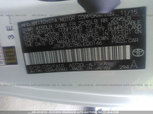 JTKJF5C78GJ020146 - 2016 TOYOTA SCION TC 白色 照片 9