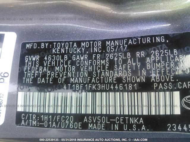 4T1BF1FK3HU446181 - 2017 TOYOTA CAMRY LE/XLE/SE/XSE 灰色 照片 9