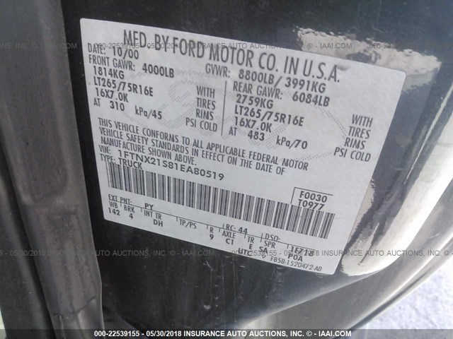 1FTNX21S81EA80519 - 2001 FORD F250 SUPER DUTY GREEN photo 9