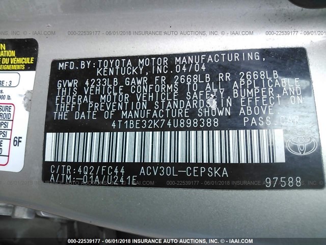 4T1BE32K74U898388 - 2004 TOYOTA CAMRY LE/XLE/SE ოქროსფერი ფოტო 9