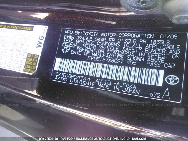 JTKDE167X80271455 - 2008 TOYOTA SCION TC 勃艮第红 照片 9