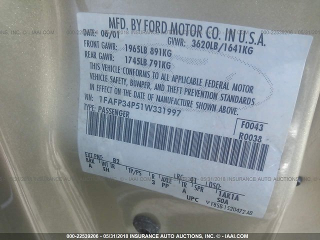 1FAFP34P51W331997 - 2001 FORD FOCUS SE/SE COMFORT GOLD photo 9