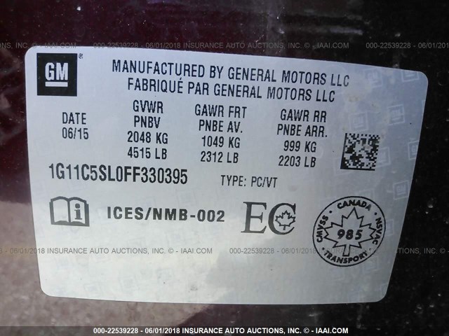 1G11C5SL0FF330395 - 2015 CHEVROLET MALIBU 1LT 勃艮第红 照片 9