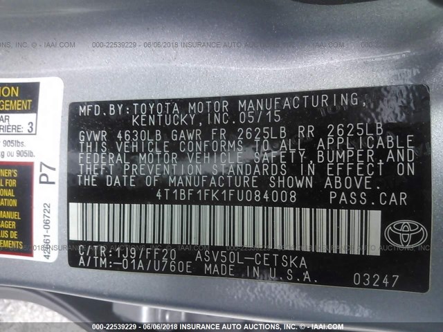 4T1BF1FK1FU084008 - 2015 TOYOTA CAMRY LE/XLE/SE/XSE SILVER photo 9
