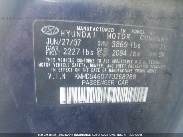 KMHDU46D77U268288 - 2007 HYUNDAI ELANTRA GLS/SE/LIMITED Dark Blue photo 9