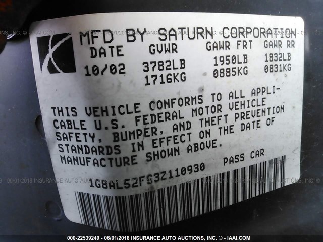 1G8AJ52F93Z135262 - 2003 SATURN ION LEVEL 2 Light Blue photo 9