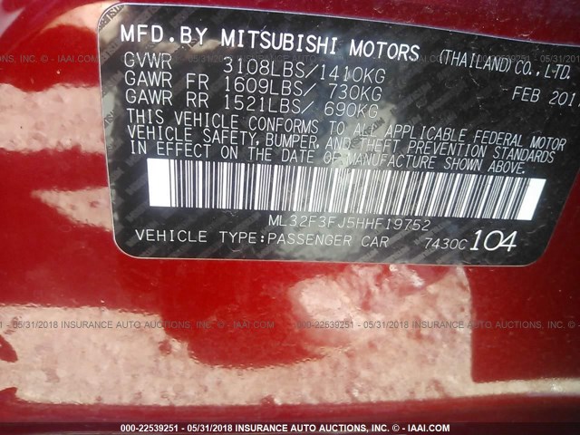 ML32F3FJ5HHF19752 - 2017 MITSUBISHI MIRAGE G4 ES წითელი ფოტო 9