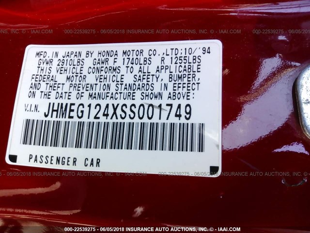 JHMEG124XSS001749 - 1995 HONDA CIVIC DEL SOL S RED photo 9