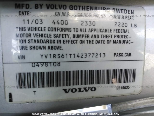 YV1RS61T142377213 - 2004 VOLVO S60 SILVER photo 9