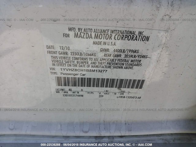 1YVHZ8CH1B5M13277 - 2011 MAZDA 6 I Ağ foto 9