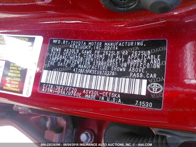 4T1BF1FK3EU870276 - 2014 TOYOTA CAMRY L/SE/LE/XLE RED photo 9
