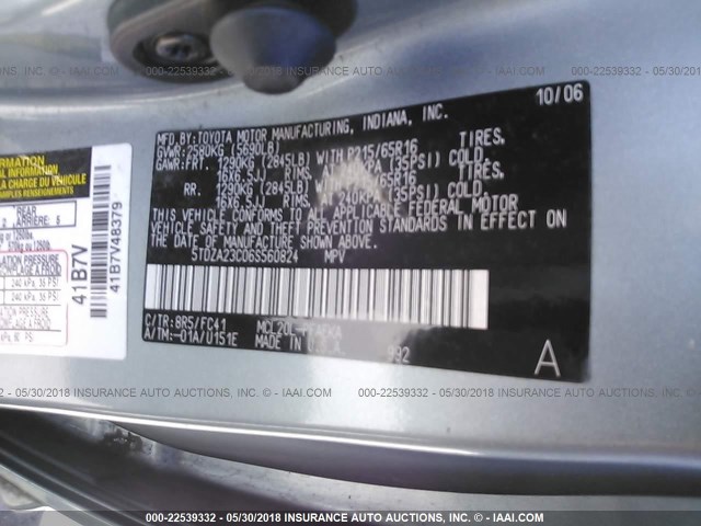 5TDZA23C06S560824 - 2006 TOYOTA SIENNA CE/LE BLUE photo 9