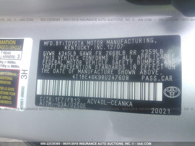 4T1BE46K98U247608 - 2008 TOYOTA CAMRY CE/LE/XLE/SE SILVER photo 9