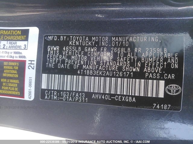 4T1BB3EK2AU126171 - 2010 TOYOTA CAMRY HYBRID GRAY photo 9