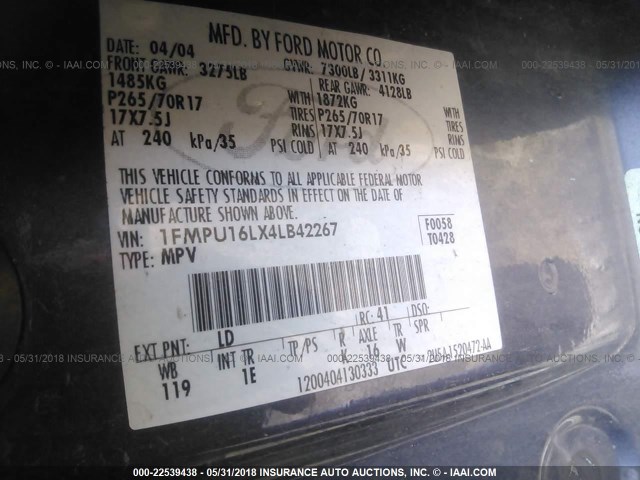 1FMPU16LX4LB42267 - 2004 FORD EXPEDITION XLT 蓝色 照片 9