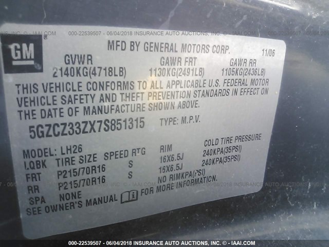 5GZCZ33ZX7S851315 - 2007 SATURN VUE HYBRID GREEN photo 9