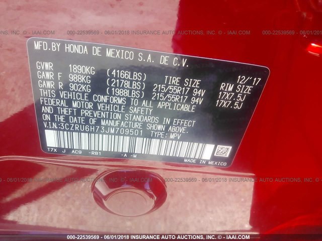 3CZRU6H73JM709501 - 2018 HONDA HR-V EXL RED photo 9