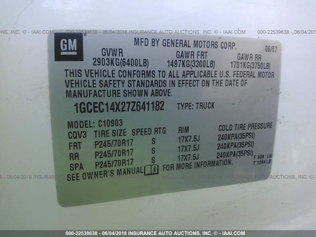 1GCEC14X27Z641182 - 2007 CHEVROLET SILVERADO C1500 CLASSIC WHITE photo 9